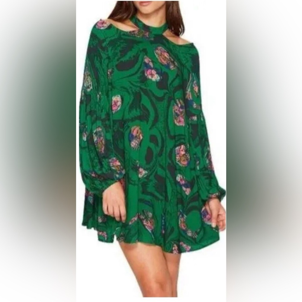 Small free people green cold shoulder long sleeve hippie flowy dress mock neck